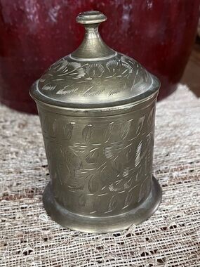 Engraved Solid Brass Lidded Jar - Gold Tone with Lid